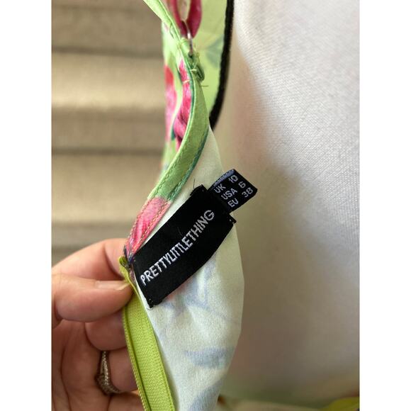 Pretty Little Thing Lime Green Pink Floral Satin Cowl Slip Dress - Picture 5 of 9